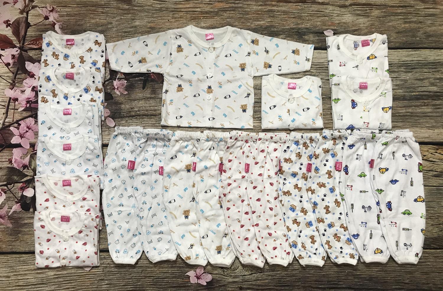 Combo 10 Bộ Quần áo sơ sinh dài tay màu trắng in họa tiết chất cotton có size cho bé từ 3 đến 8kg