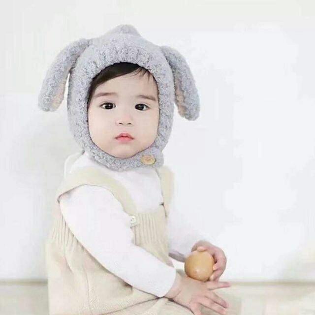 Mũ len lông cừu tai thỏ dày mềm cho bé