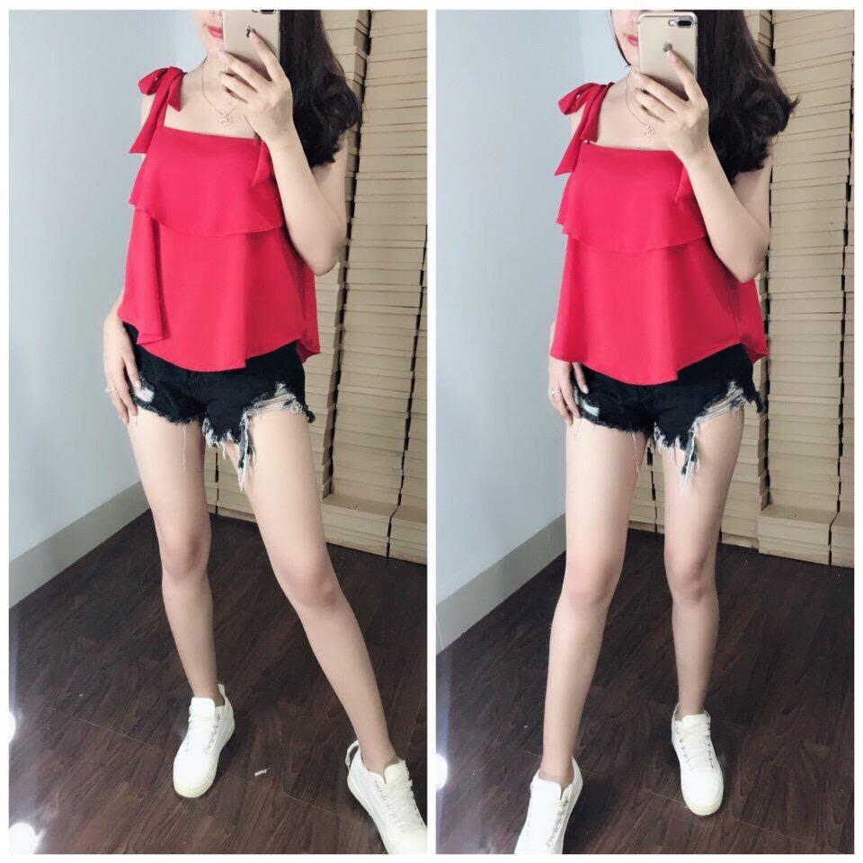 Áo voan nơ cột vai hai tầng