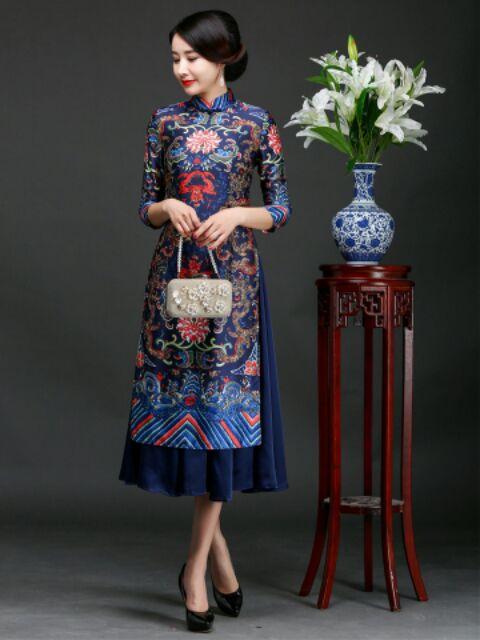 [HCM]SÉT ÁO DÀI CÁCH TÂN KÈM VẤY HỌA TIẾT THỔ CẨM - XMB2004