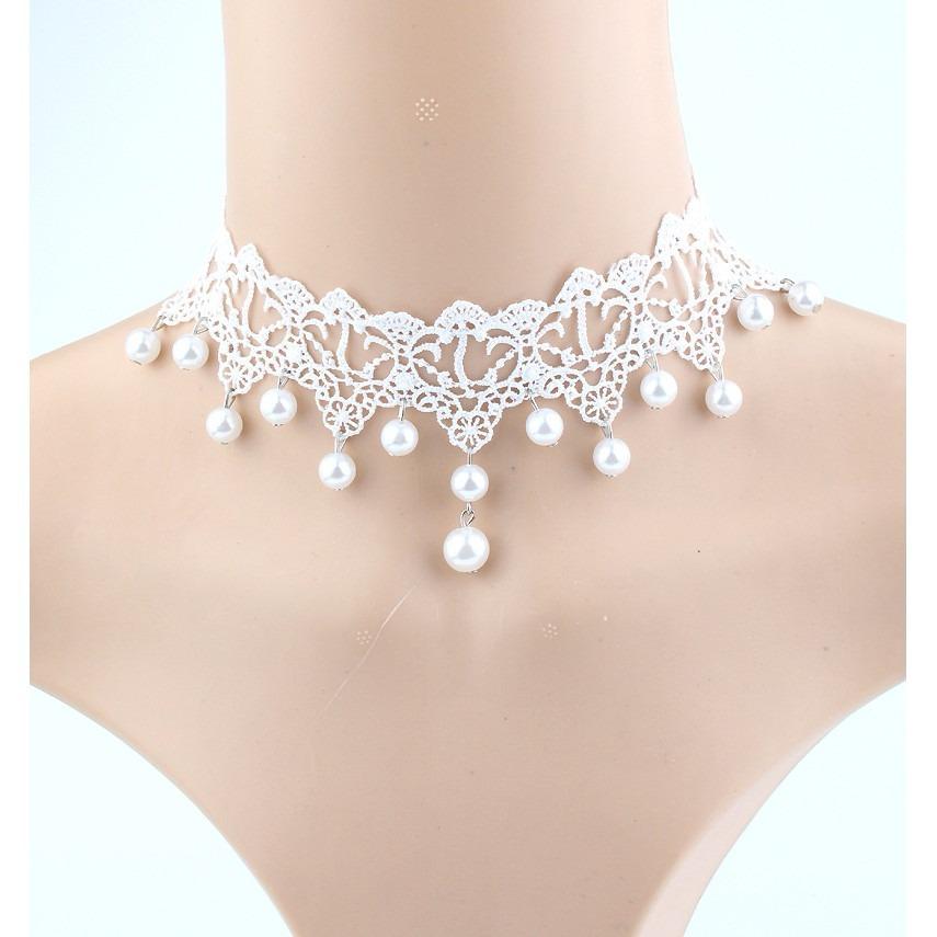 Vòng cổ choker ren trắng ngọc trai cổ tích 