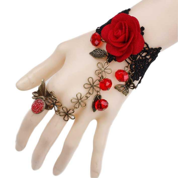 Vòng Đeo Tay Choker Vintage ren đen hoa hồng đỏ