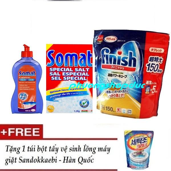 Combo Viên rửa chén bát ly Finish 150 viên + muối rửa ly somat 1,2kg + nước làm bóng somat 750ml (tđ somat alio tặng tẩy lồng máy giặt)