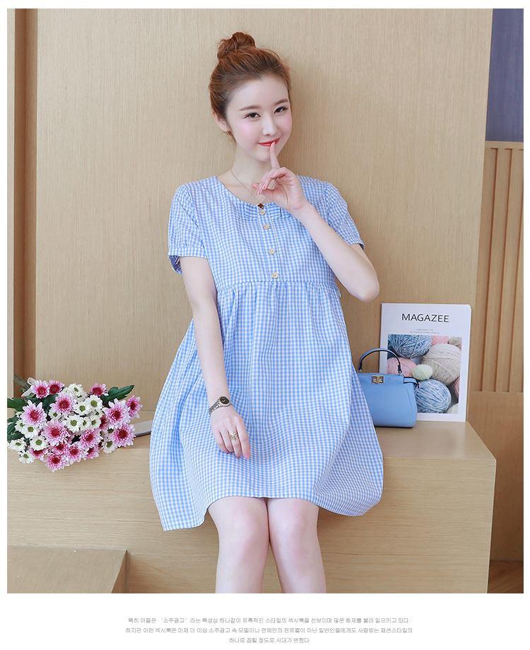 Váy Bầu Kẻ Caro Xanh Nơ Cổ