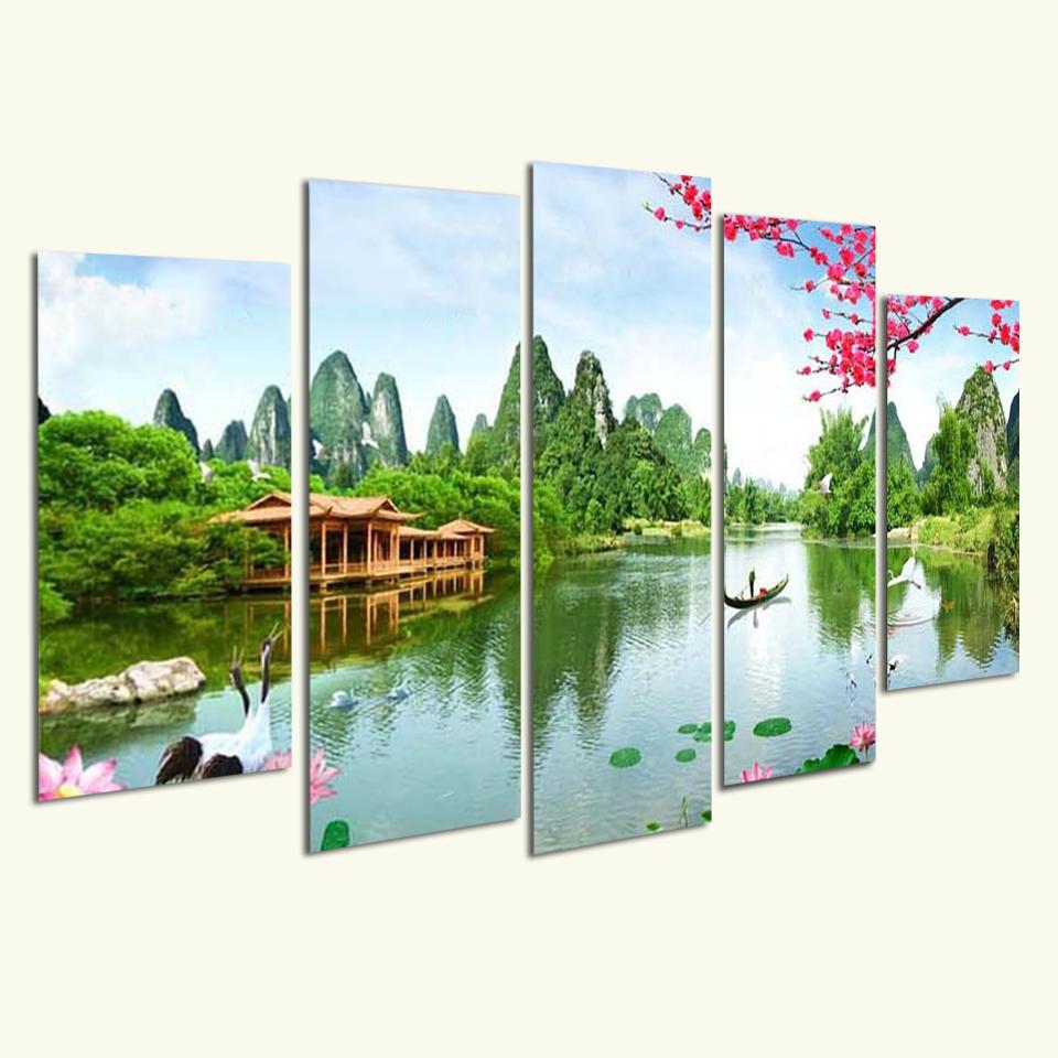 [Sale] Tranh ghép bộ treo tường Thác nước sơn thủy ST81233- Tranh treo phòng ngủ 3D [5 tấm rộng 1,5m cao 0,9m] SuperDecor