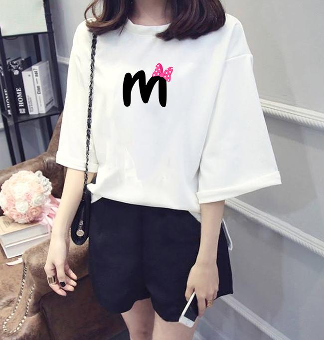 Áo thun nữ tay lỡ form rộng Hàn Quốc in chữ M đeo nơ dễ thương vải dày mịn TEEWOC13
