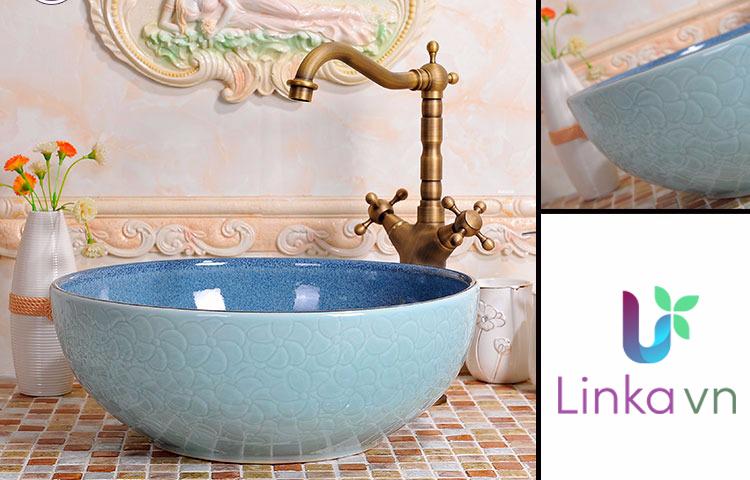 Chậu rửa lavabo gốm sứ nghệ thuật LAV0031 – Họa tiết hoa xanh in chìm