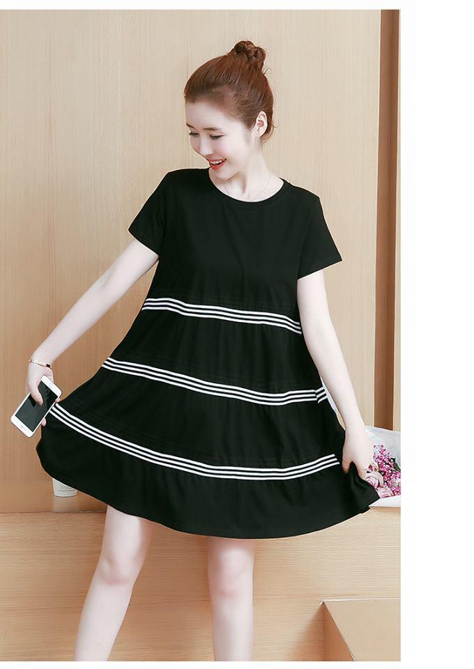 Đầm Bầu-Váy Bầu Đen Phối Kẻ Dáng A Cộc Tay ĐB1165