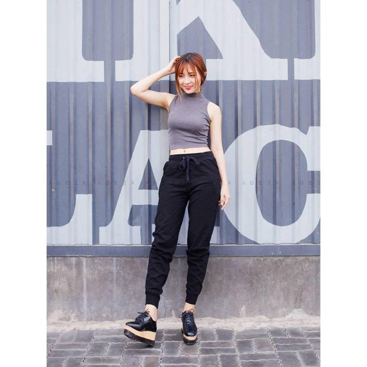 Quần jogger trơn nữ lưng thun dây rút