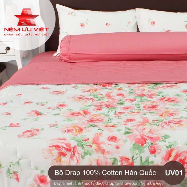 Bộ chăn drap 100% cotton Hàn Quốc UV01 (1m6 x 2m0)