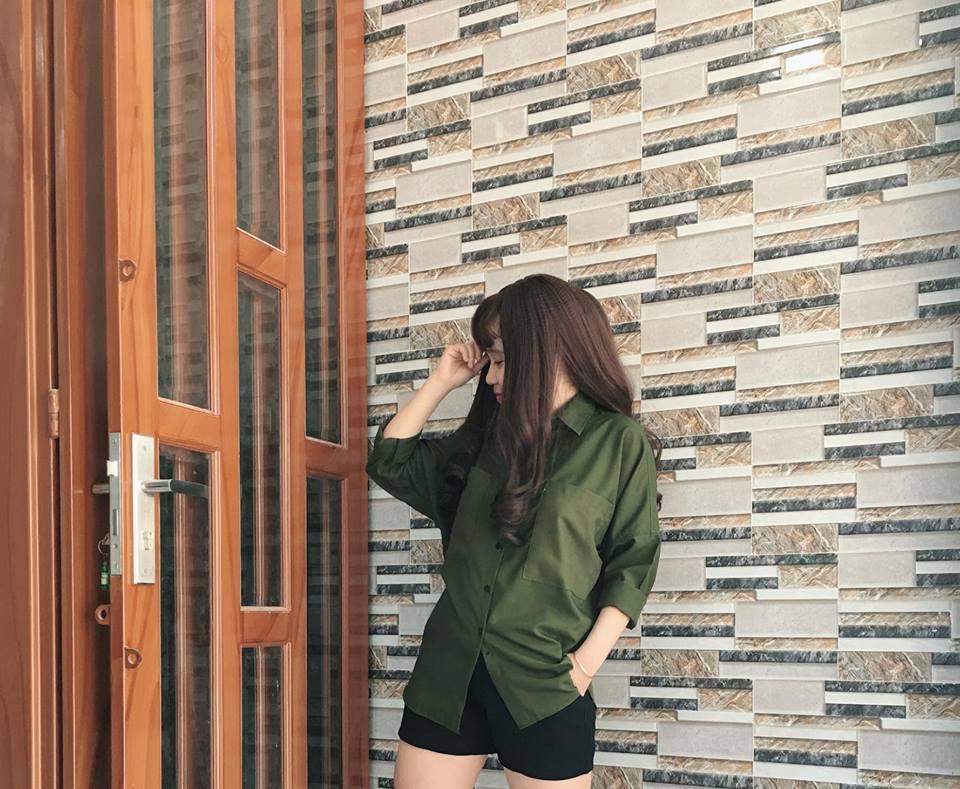 Áo Sơ mi oversize xanh rêu 2 túi.