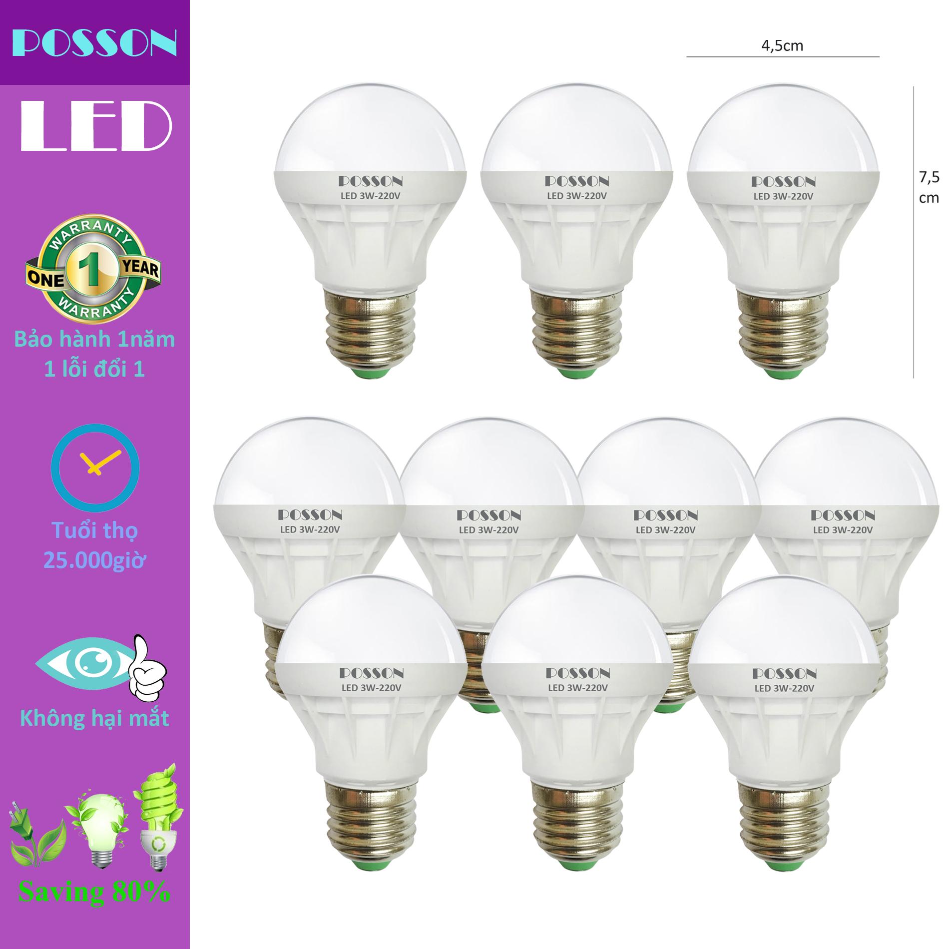 10 Bóng đèn Led 3W tiết kiệm điện sáng trắng Posson LB-E3