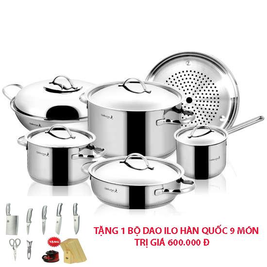 Bộ nồi cao cấp 11 món Edelkochen inox 304 nắp inox tặng 1 bộ dao ilo Hàn Quốc