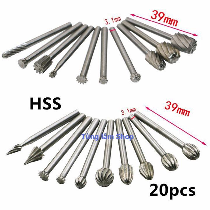 Bộ 20 đầu phay, khoét, tạo rãnh, chạm khắc dùng cho khoan mài khắc cắt đa năng mini