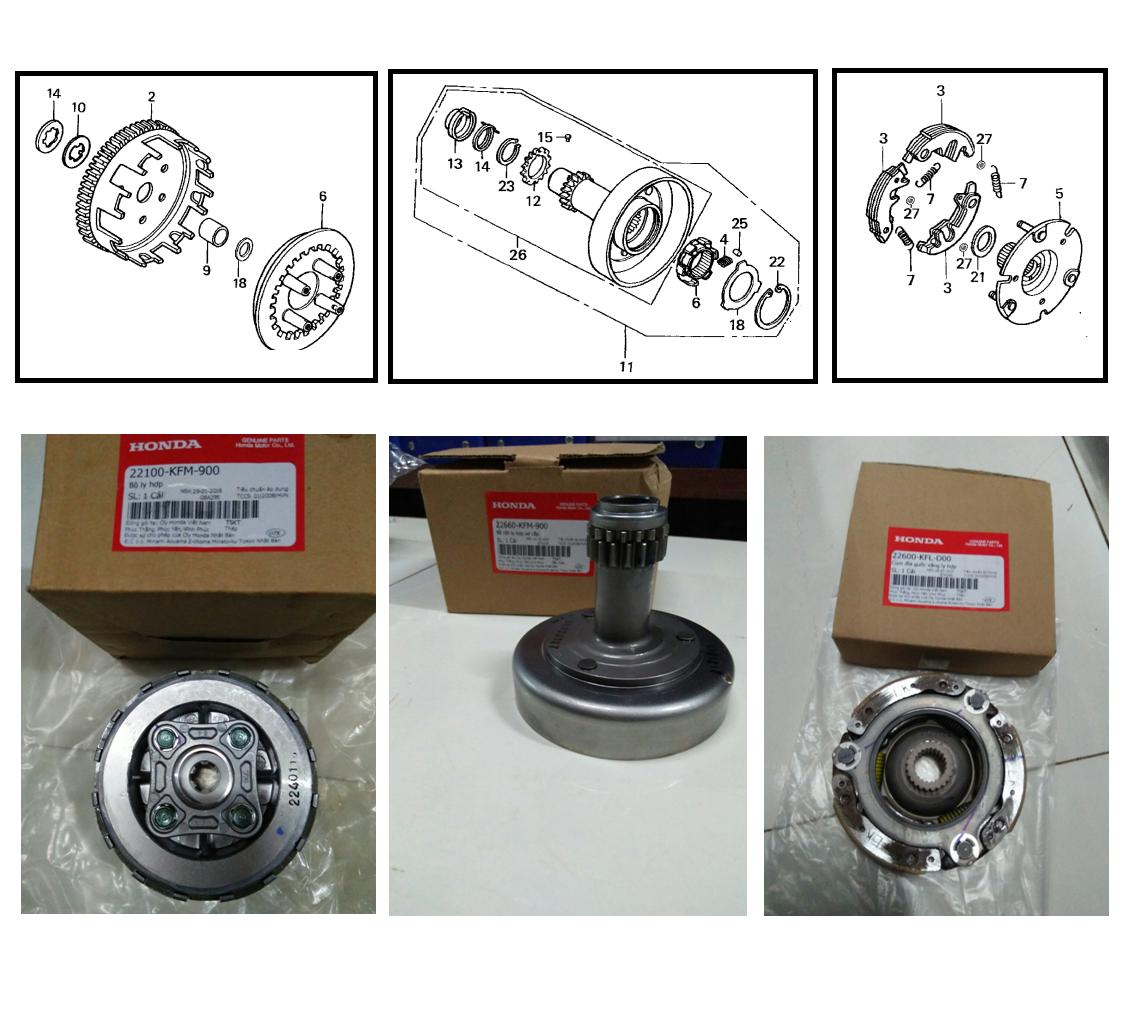 Bộ côn gồm 3 chi tiết xe Future 1, Dream 100 (Mã số:22600KFLD0, 22660KFM900, 22100KFM900)