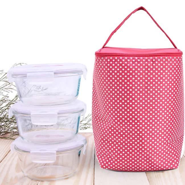 [HCM]Bộ 3 hộp thủy tinh Lock&Lock 400ml hình tròn tặng túi giữ nhiệt