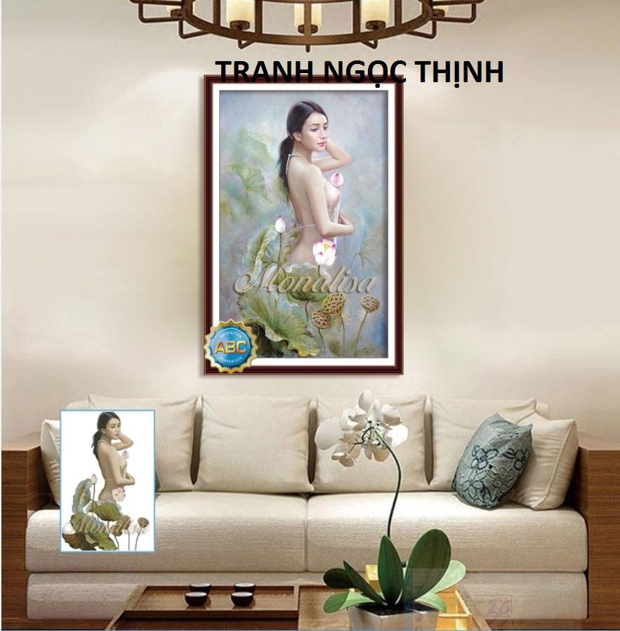 Tranh đính đá cao cấp thiếu nữ và hoa sen Y8140 Kích thước: 60x90cm- Ngocthinhshop