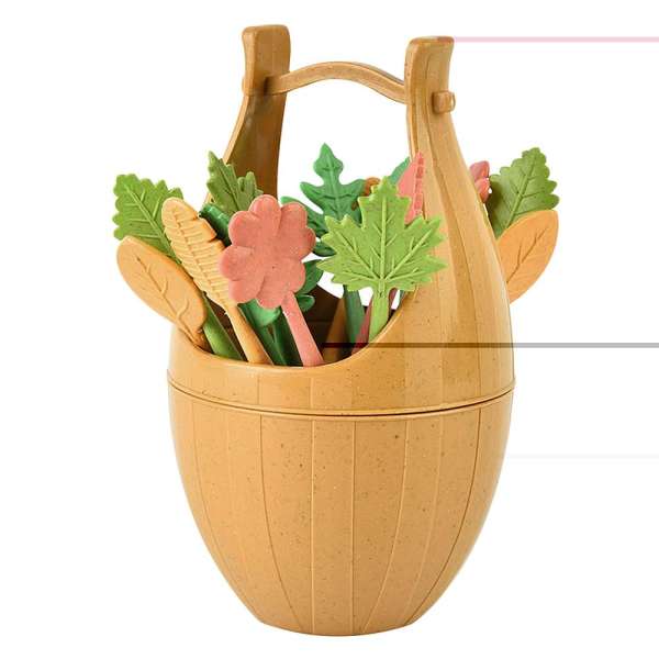 16PCS Fruit Picks Biodegradable Wheat Straw Leaves Shape Forks Set with 1 Khaki Barrel Container for Vegetables Cakes Snacks Salad Table Decor Tools - intl