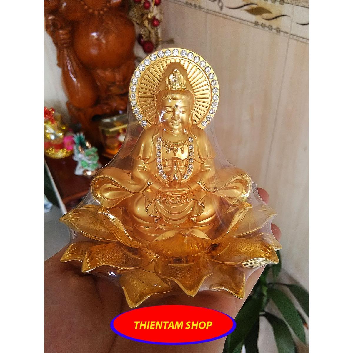 Tượng phật bà quan âm hai mặt tọa đài sen ánh kim qasv01