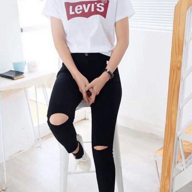 [HCM]Quần Jean Rách Gối 1 Đường Hàng Co Giãn Mạnh Lưng Cao Màu Đen