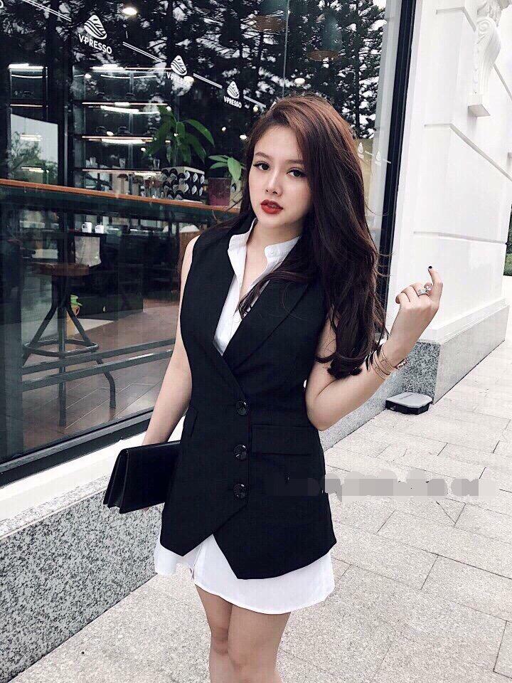 Set vest phối đầm sơmi