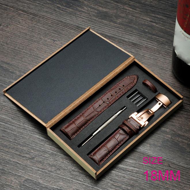 ]Dây đồng hồ da bò cao cấp tặng Hộp Gỗ SIZE 18mm ( Da Nâu) kèm khóa bướm thép không gỉ 316L (VÀNG)