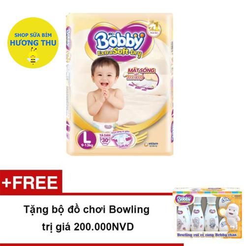 Tã/Bỉm Dán Bobby Extra Soft Size L 30 miếng (dành cho bé 9 - 13 kg), tặng kèm bộ đồ chơi Bowling