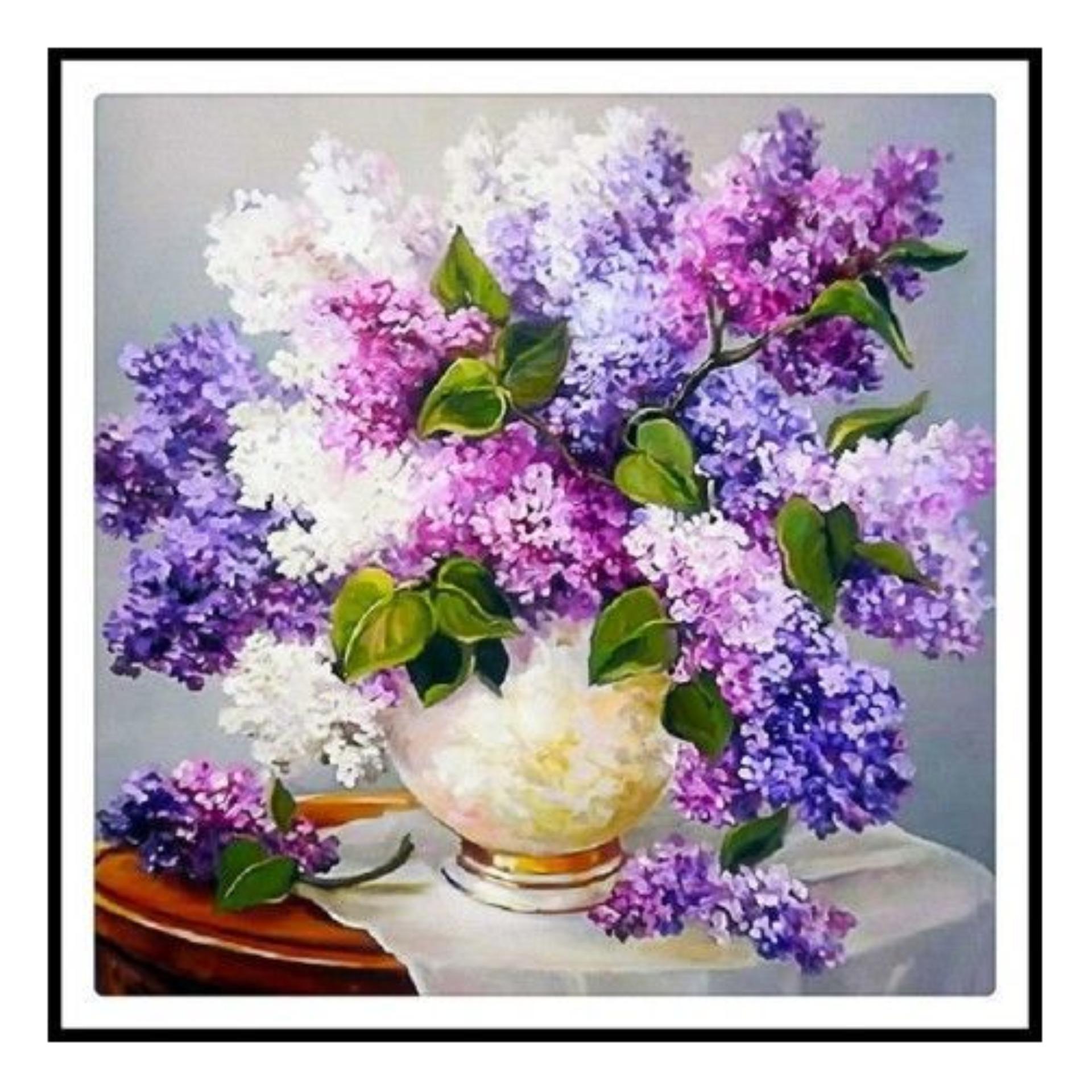 Tranh đính đá 5D- Bình Hoa Lavender tím