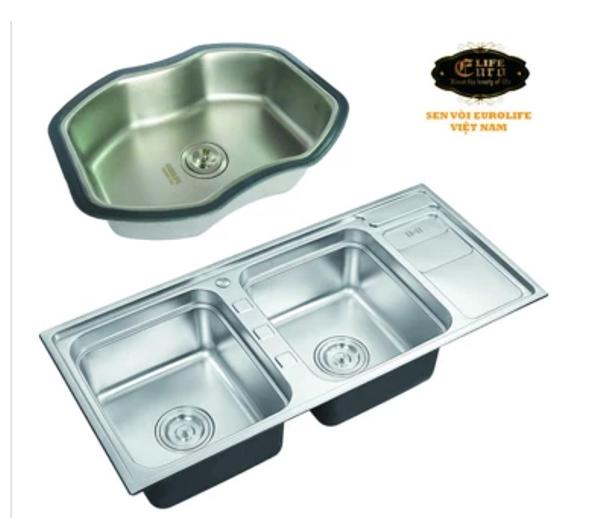 Chậu rửa chén Eurolife EL-C7 (Trắng bạc) + Chậu Inox nhỏ có xả Eurolife EL-R7 (Trắng bạc)