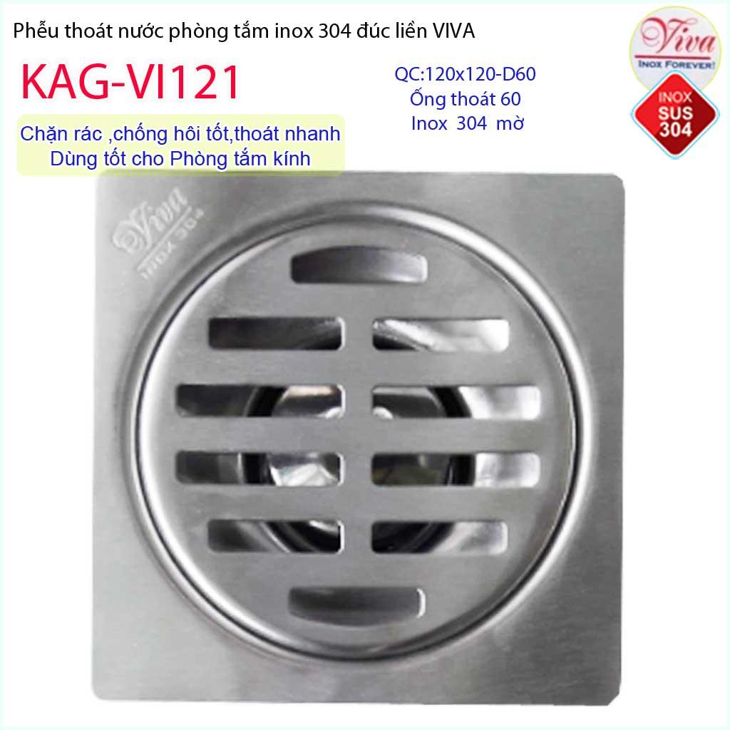 Phễu thoát sàn Viva 12x12 cm KAG-VI121 ống thoát 60mm chống mùi hôi inox 304, thoát sàn inox đúc dày thoát nước nhanh chống hôi tốt