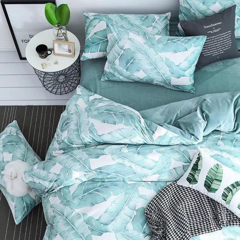 Bộ chăn ga gối phong cách Hàn Quốc lá chuối bo chun đủ kích thước.