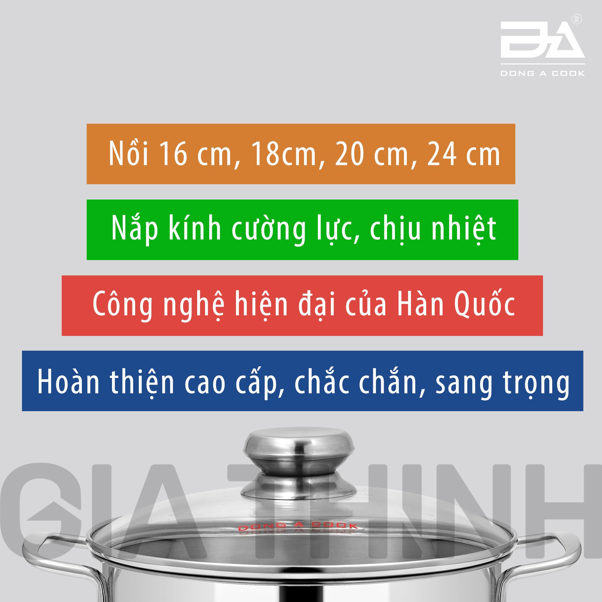 Bộ 4 nồi inox 3 đáy nắp kính Dong A Cook