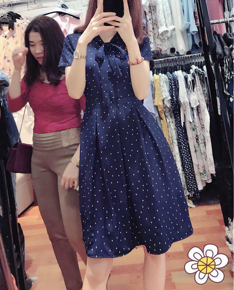 Đầm xòe cổ nơ chấm bi CC27 cao cấp