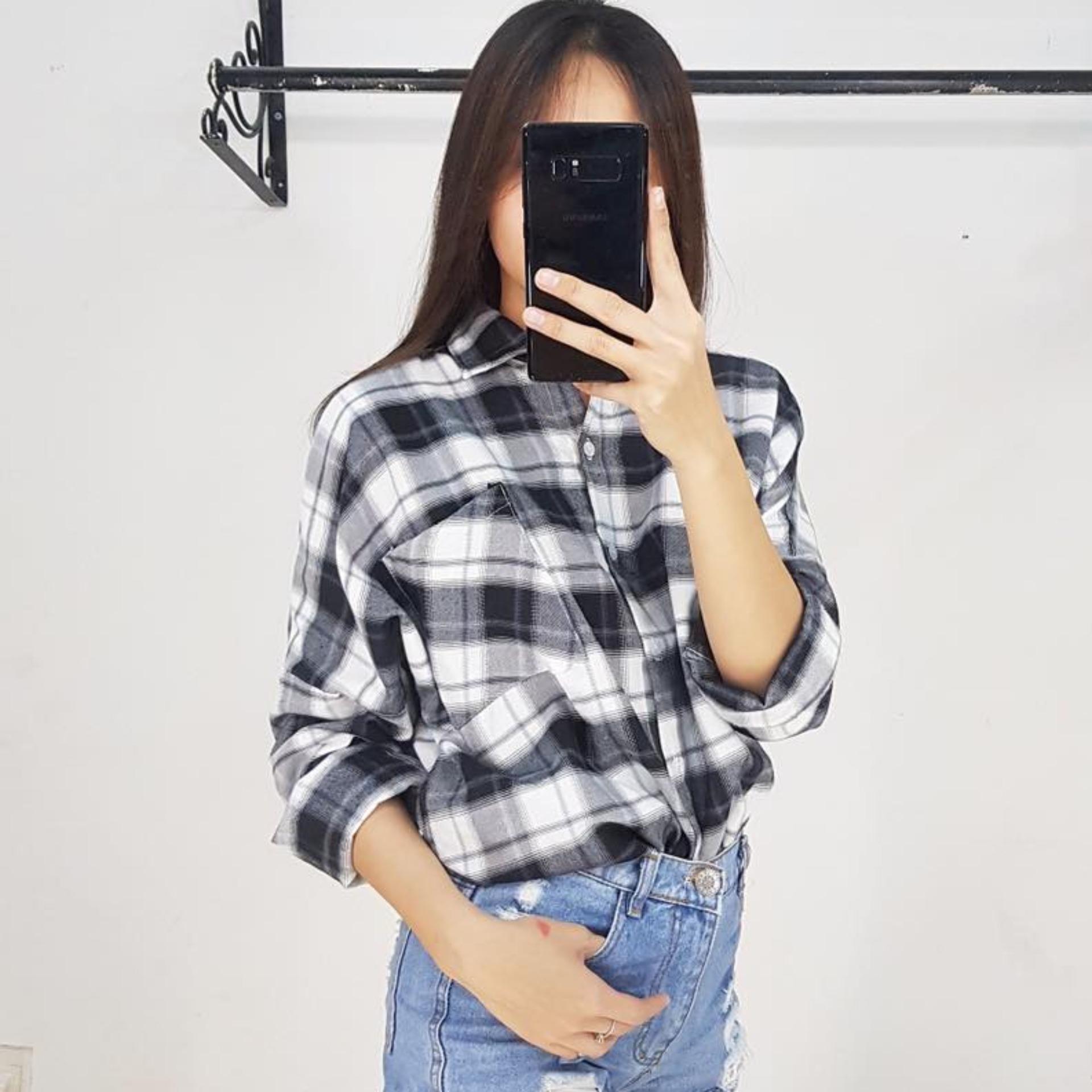Áo sơ mi sọc Oversize sọc caro Đen-xám-trắng