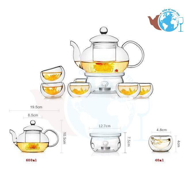 Bộ ấm 6 chén 2 lớp pha trà thủy tinh kèm lõi lọc cao cấp và đế nến