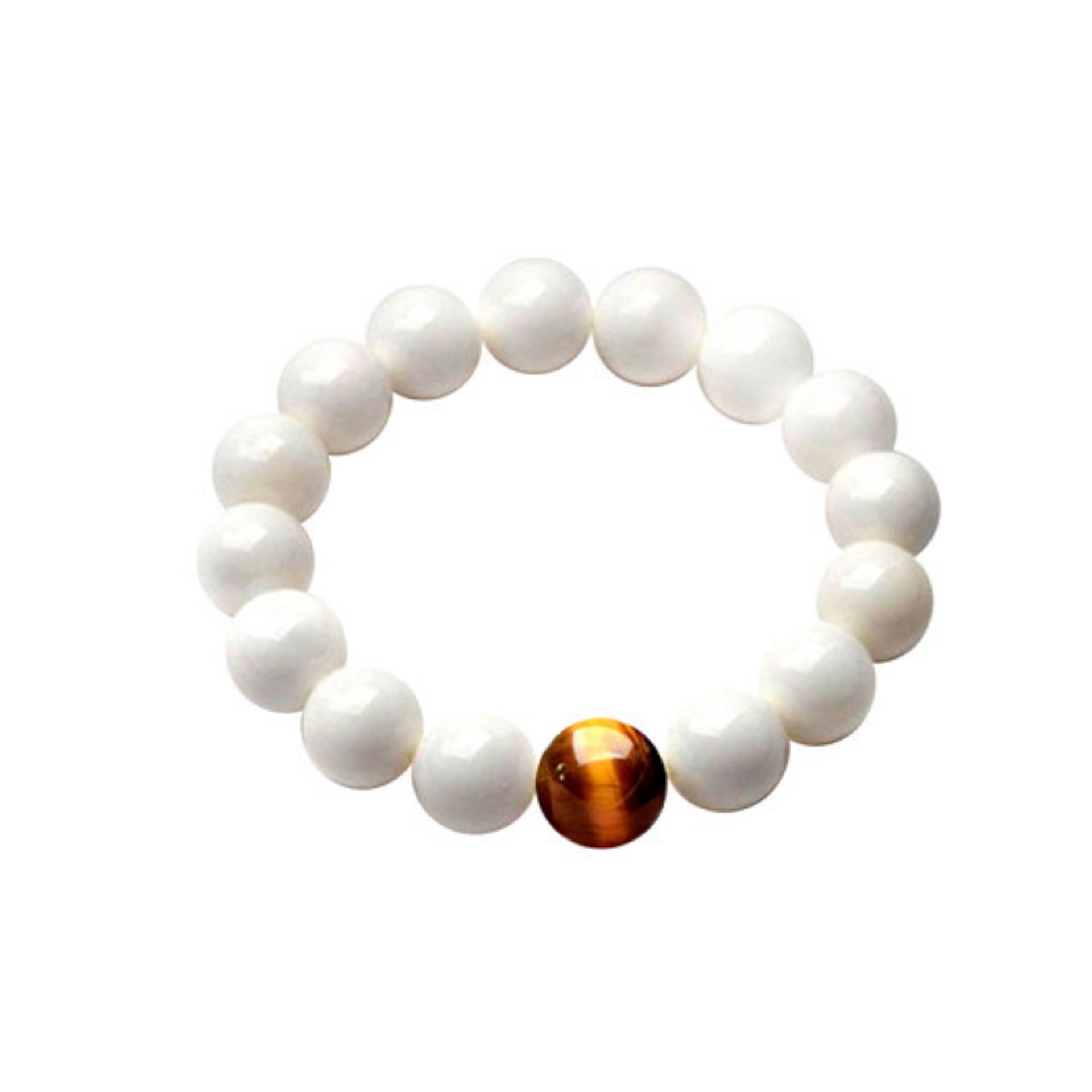 Vòng tay phong thuỷ mã não trắng tinh khiết đính đá mắt hổ 12 li - Phong thuỷ may mắn và bình yên + Tặng vòng thạch anh vàng