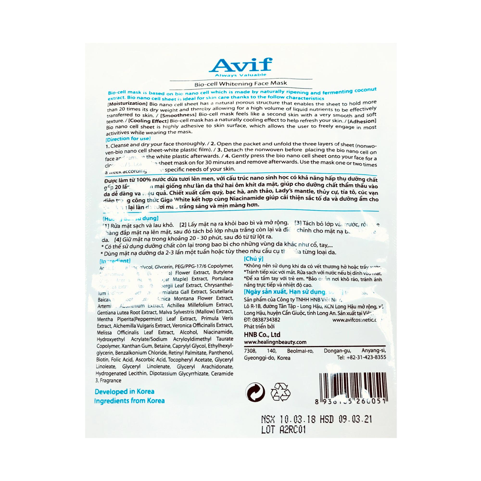 Mặt Nạ Nước Dừa Avif Biocell Làm Trắng Da