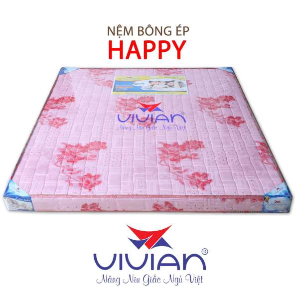 Nệm Bông Ép Cao Cấp Happy Vivian (1.8 x 2.0 m) Chần Gấm - Nền Trắng Hoa Văn Màu Sắc Ngẫu Nhiên