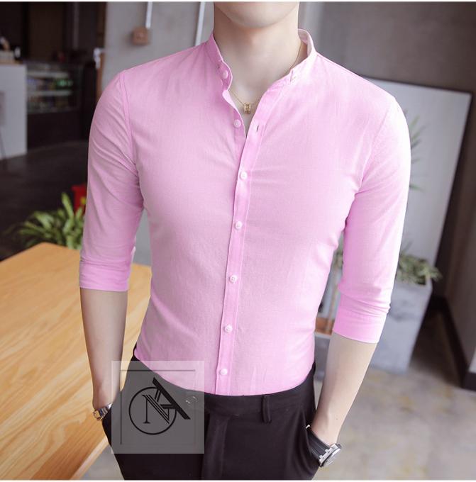 Sơ mi cổ tàu nam , màu hồng phấn, chất lụa mềm mịn mát, form slimfit
