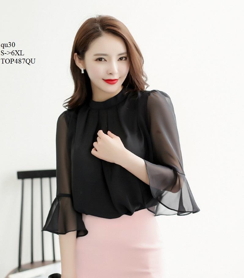 Top487qu áo sơ mi kiểu phối tay voan