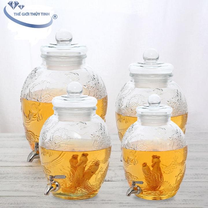 Bình Ngâm Sâm Thủy Tinh Long Phụng 8 Lít Có Van