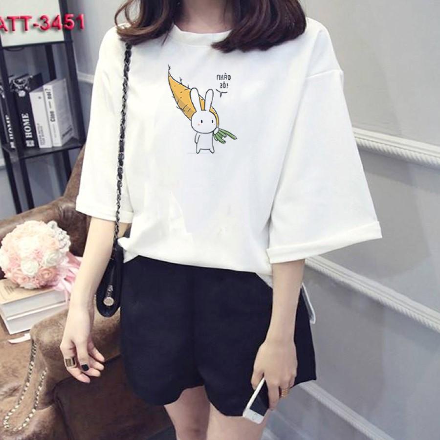 Áo thun nữ tay lỡ form rộng in hình thỏ 7 màu ăn cà rốt Hàn Quốc vải dày mịn TEEWOTL7