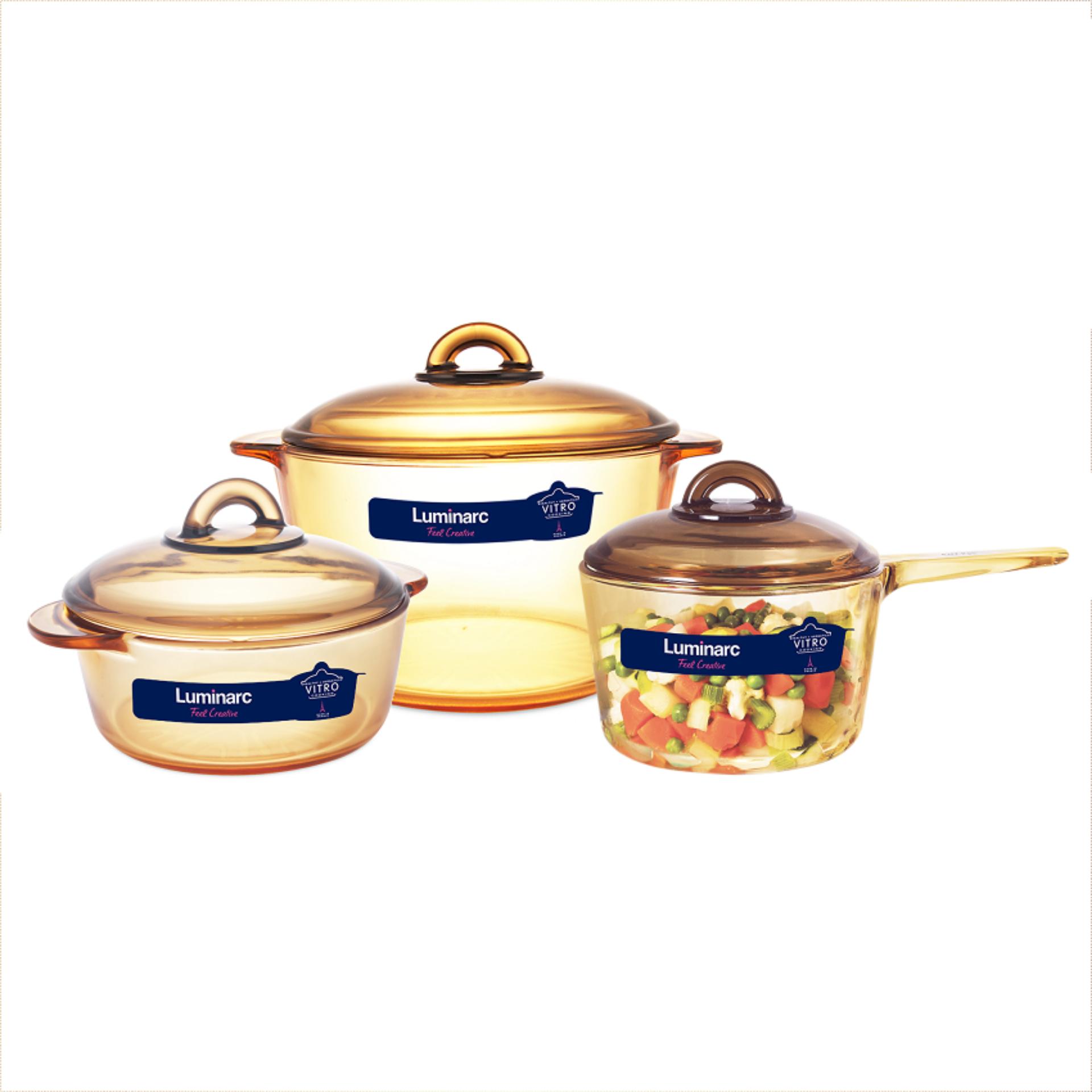 Combo 3 nồi thủy tinh Luminarc Amberline (2 nồi Granite 1.5L+3L và 1 nồi có tay cầm thấp 1.5L)