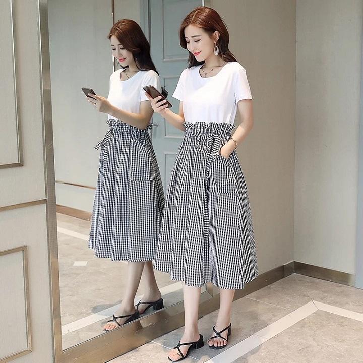 SK16N-CHÂN VÁY CARO THUN THẮT EO S-6XL
