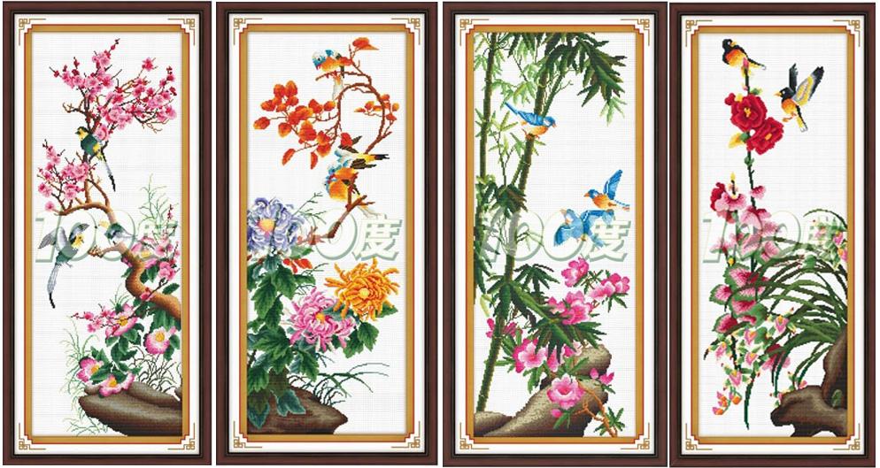 [HCM]Tranh thêu tứ quý Đào - Cúc -  Trúc - Lan (chọn bộ) chưa thêu