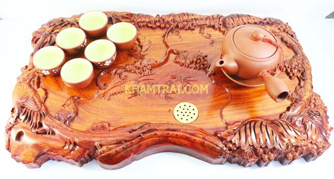Khay trà cao cấp gỗ Hương đục cảnh ao quê