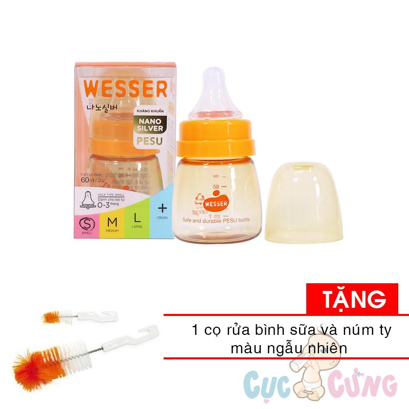 Bình sữa Wesser PESU cổ nhỏ 60ml Tặng cọ rửa bình sữa và cọ rửa núm ty màu ngẫu nhiên