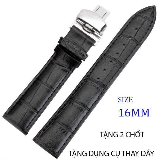 [HCM]Dây đồng hồ da bò cao cấp SIZE 16mm ( Da Đen) kèm khóa bướm thép không gỉ 316L (Bạc)
