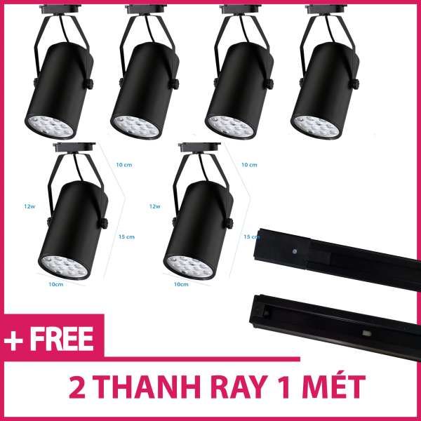 BỘ 6 ĐÈN RỌI RAY VỎ ĐEN 12W  ÁNH SÁNG TRẮNG VÀ 2 THANH RAY TRẮNG 1 MÉT