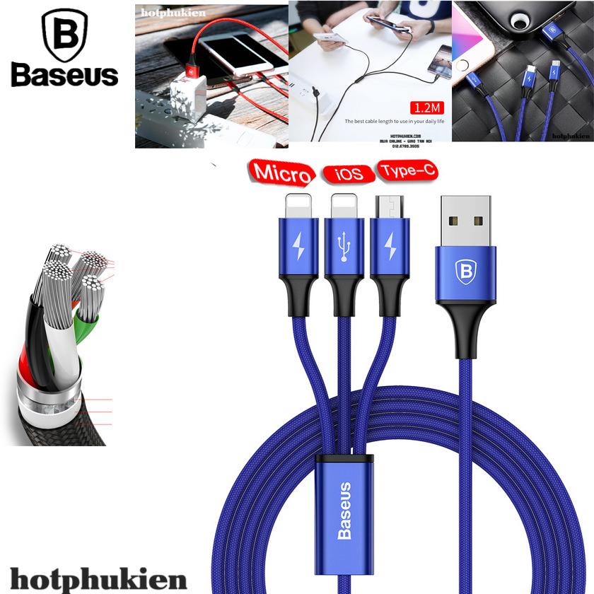 Dây cáp sạc thế hệ mới 3 in 1 sạc cùng lúc Micro USB và USB Type C và Lightning Hiệu Baseus cho iPhone iPad Macbook Samsung Sony Asus Huawei Xiaomi HTC - Phân phối Hotphukien